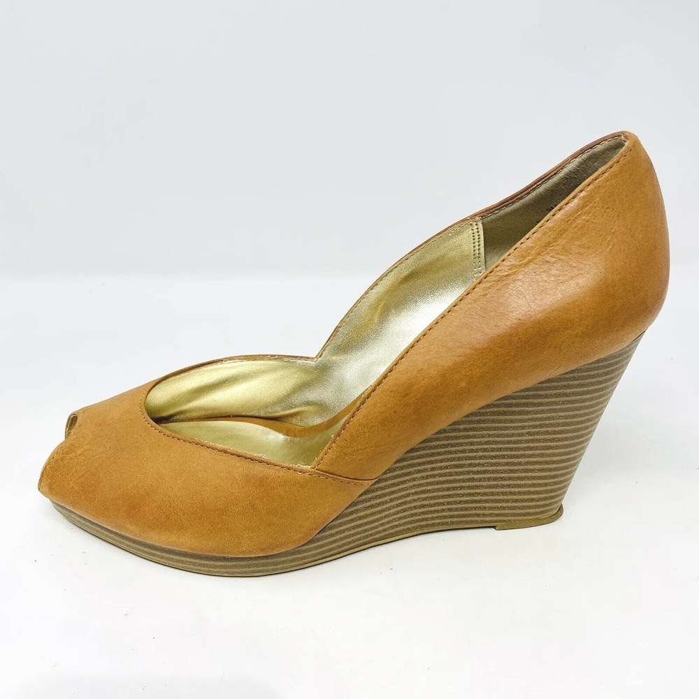 Moda Shoes Womens 9M Caramel Leather Open Toe Wedge Heel